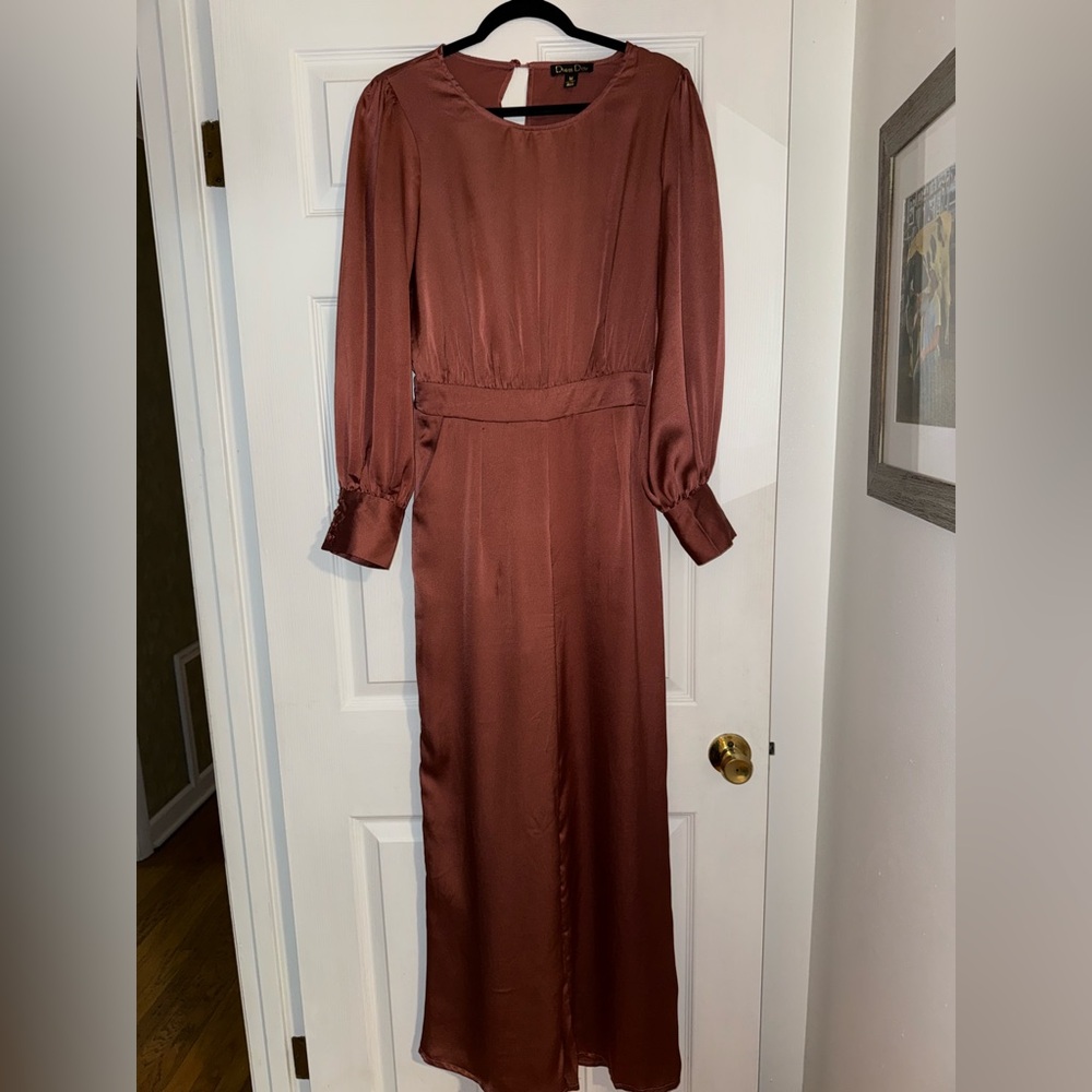 Dress Day Long Sleeve Mauve Silk Satin Jumpsuit High Neck Women's Medium